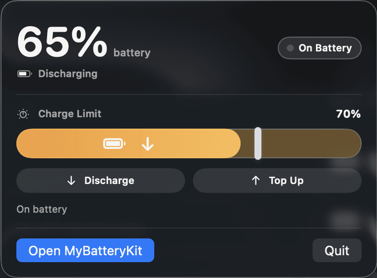 MyBatteryKit menu bar panel showing battery status, charge limit, Discharge, and Top Up controls